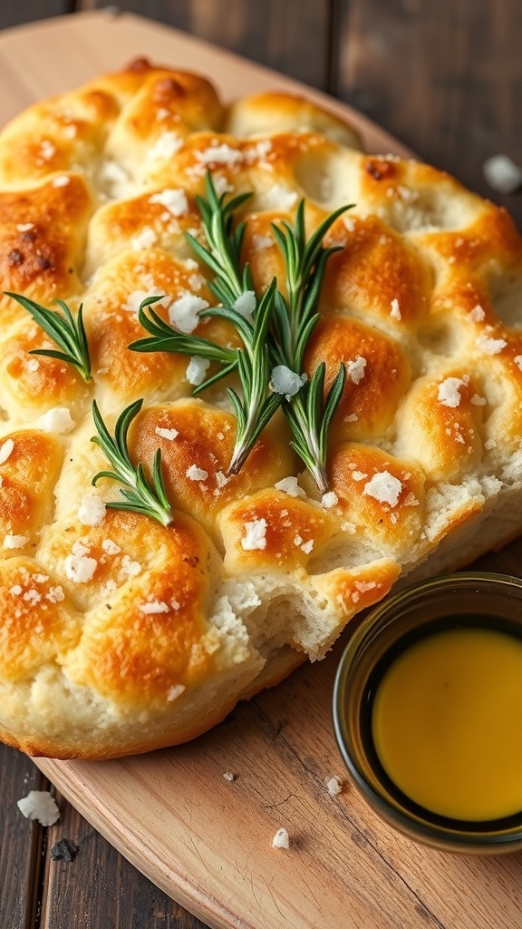 Golden-brown focaccia bread with rosemary and sea salt on a wooden board, with a bowl of olive oil.